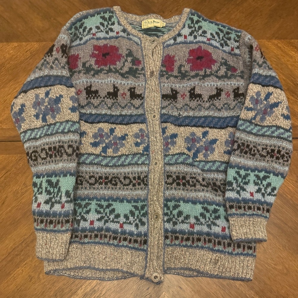 LL Bean Vintage Fair Isle Wool Cardigan Sweater XL Reindeer Floral Gray Blue